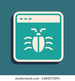 Green System bug concept icon isolated on green background. Code bug concept. Bug in the system. Bug searching. Long shadow style. Vector