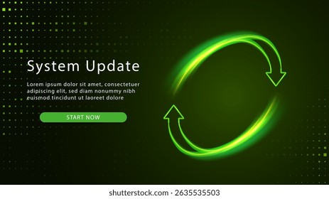 Green System Update Page. Upgrade Software version concept. Computer Program Upgrade. Synchronization icon. Two arrows go round. Refresh Process. Currensy Exchange. Money Transfer. Recycle Symbol.