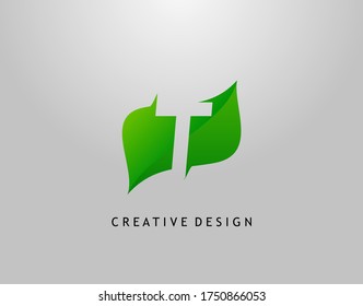 Green T Letter Logo. Modern Abstract of Initial T With Simple Leave Shape. Eco Nature Concept Design.