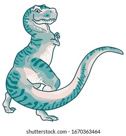 Green T Rex sobre fondo blanco aislado. Mascota de reptiles prehistórica para icono web, baldosas de baño, tarjeta de regalo o pegatina de portátil. Dibujo de papel de estuche o tela. Ilustración vectorial de estilo cartón