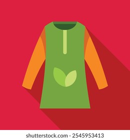 Green t shirt with a leaf logo is featured on a red background in this image evoking environmental awareness