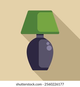 Green table lamp with round base casting long shadow on wall