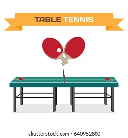 Green table for tennis and rackets. Equipment for ping-pong