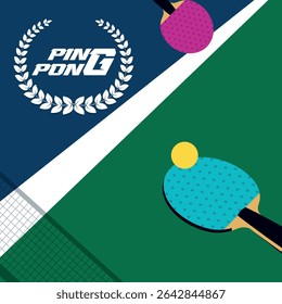 Green table for table tennis, rackets, ping pong ball. Design of a tournament poster, flat style, competitions, racket sports