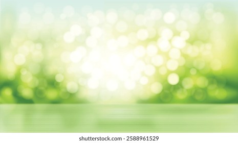 green table top with natural green blurred background or various leaves, fresh bright sunlight, product empty concept.