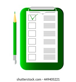 Green tablet paper with text and with letters  and green pencil.  Can be used as a background on a web site, template, texture, icons.