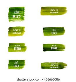 Green tablets with inscriptions. Green labels. Ecology vector illustrations. Green watercolor brush