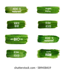 Green tablets with inscriptions. Green labels. Ecology vector illustrations. Green watercolor brush