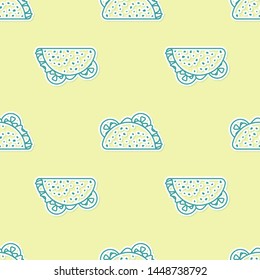 Green Taco with tortilla icon isolated seamless pattern on yellow background. Traditional mexican fast food. Vector Illustration