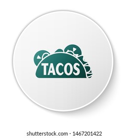 Green Taco with tortilla icon isolated on white background. Traditional mexican fast food. White circle button. Vector Illustration