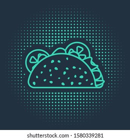 Green Taco with tortilla icon isolated on blue background. Traditional mexican fast food. Abstract circle random dots. Vector Illustration