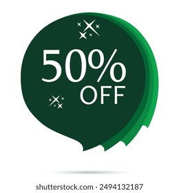 Green Tag 50% Rabatt. Sonderrabatt, Superrabatt. Vektorillustration isoliert auf weißem Hintergrund. bester Preis, Rabatt-Coupon, Aufkleber, Preis-Tag, Sonderrabatt 50% OFF-Text auf runde Blase.