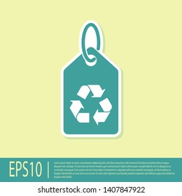 Green Tag with recycle symbol icon isolated on yellow background. Banner, label, tag, logo, sticker for eco green. Vector Illustration