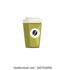 Green take away paper coffee cup, hot coffee disposable to go cup with lid cartoon vector Illustration isolated on a white background