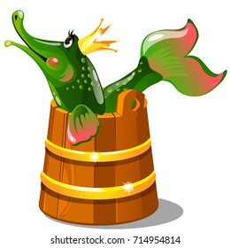 Green talking pike with a golden crown in a wooden bucket isolated on white background. The characters of Russian folk tales, upon pike's will. Vector cartoon close-up illustration.