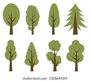 Árboles altos verdes. Colección de ilustraciones de árboles. Madera para todos los gustos. Abstracción de árboles. EPS 10.
