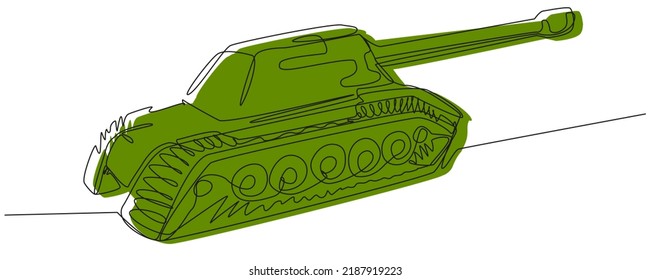 Green Tank One Line On A White Background. Military Transport In Abstract Doodle Style. Stock Vector Illustration Of Offensive Military Weapons. Eps With Editable Stroke.