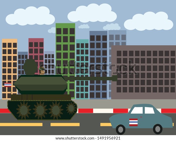 Green tank with\
the Thailand flag in the\
city