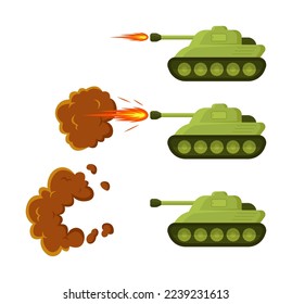 Green tanks in battle vector illustrations set. Cartoon drawings of military transport firing or attacking during combat isolated on white background. Army, war, conflict concept