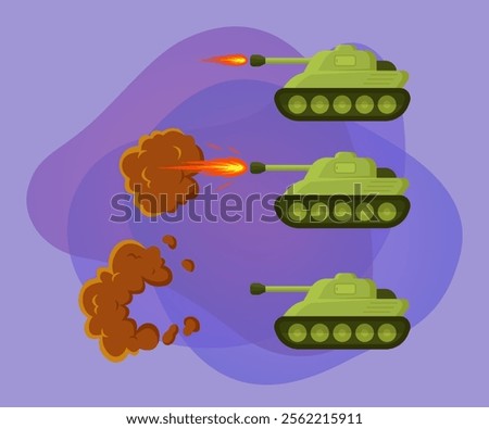 Green tanks in battle vector illustrations set. Cartoon drawings of military transport firing or attacking during combat on abstract background. Army, war, conflict concept