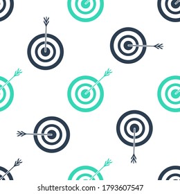 Green Target With Arrow Icon Isolated Seamless Pattern On White Background. Dart Board Sign. Archery Board Icon. Dartboard Sign. Business Goal Concept. Vector.