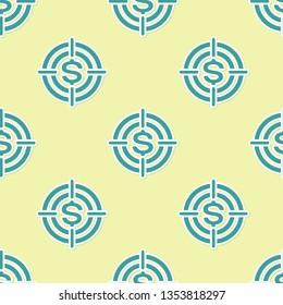 Green Target with dollar symbol icon isolated seamless pattern on yellow background. Investment target icon. Successful business concept. Cash or Money sign. Flat design. Vector Illustration