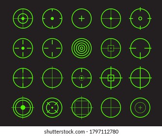 Green target line vector icon set. Neon shooter game crosshair element for firearm aiming focus. HUD sniper aim.