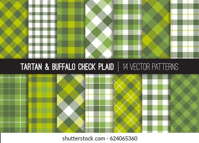 Green Tartan and Buffalo Check Plaid Vector Patterns in Greenery - 2017 Color of the Year, Kale and Lime Green. Hipster Lumberjack Flannel Shirt Fabric Textures. Pattern Tile Swatches Included.