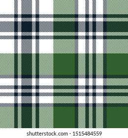 Green Tartan Pattern. Seamless Vector Check Plaid Herringbone Background In Dark Green, Blue, And White For Flannel Shirt, Scarf, Blanket, And Other Modern Textile Design.