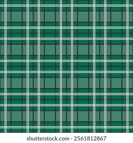 Green tartan with white and grey line country style, vector seamless pattern for textile, fabric and fashion.