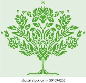 Green tattoo of a tree on a light background. Vintage style.Floral pattern and ornament in the tree.