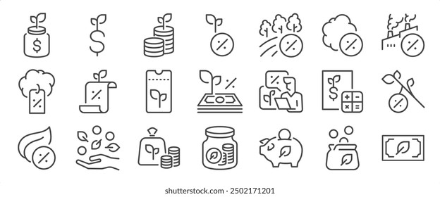 Green Tax icon set. It includes taxes, financial, money, discounts, deductions, savings, and more icons. Editable Vector Stroke.
