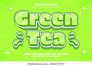 Efecto de texto editable de estilo de dibujos animados planos 3D de té verde