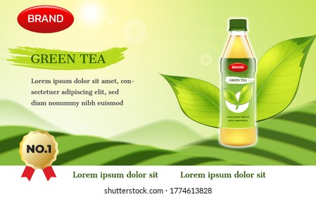 Green tea ad. Tea bottle with tea leaves and green tea mountain