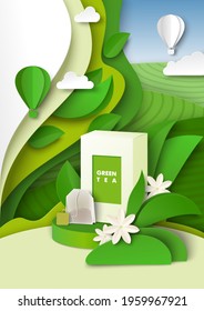 Green tea ads template, vector illustration. Herbal tea packaging box and teabag mockup, paper cut green leaves and plantations.