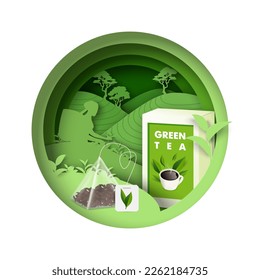 Diseño de la marca de iconos vectoriales de publicidad del té verde. Ilustración de corte de papel con caja de embalaje y sobre, silueta de mujer recolectando herbario cultivo