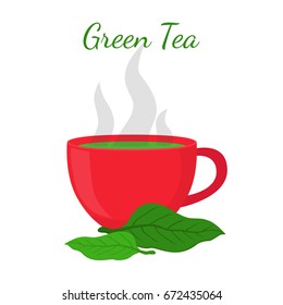 Green tea - asian drink. Red cup, leaves of matcha. Made in cartoon flat style. Vector illustration