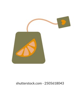 Green Tea Bag with Citrus Slice Flat Hand Drawn Vector Illustration Isolated on White Background.