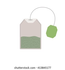 Green tea. Tea bag isolated on white background. Medical tea. Tea bag closeup. Tea bag vector concept