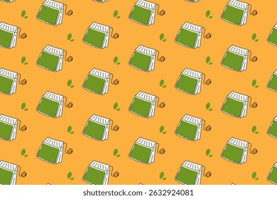 green tea bag with leave illustration colorful seamless pattern on yellow background. tea pouch with leaf doodle seamless pattern background for herbal product, plantation, grocery, health drink