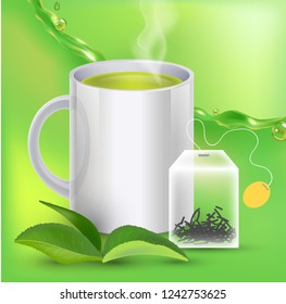 Green tea banner ads with tea leaves, green background with realistic splash of tea and tea bag in 3d illustration