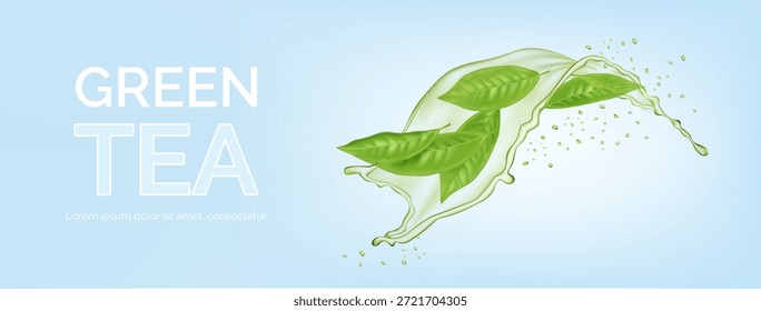 Anuncio de té verde. Fondo Horizontal con hojas en remolino de agua. Elementos aislados realistas. Flujo de fluido en movimiento. Salpicaduras y gotas transparentes de bebidas calientes. Bebida saludable. Ilustración vectorial