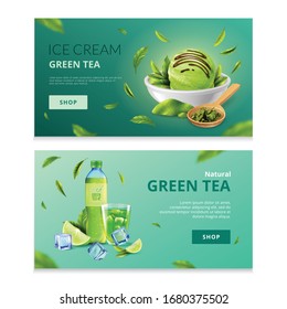 Green tea banners  with bottle of  iced  beverage and saucer of ice cream isolated vector illustration