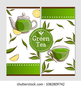 Green tea banners with tea leaves, lemon, cup and teapot on white background. Design for packaging, tea shop, drink menu, banner, template.