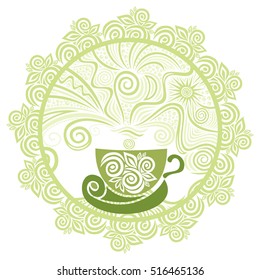 Green tea. Beautiful round decorative element. Vector illustration.
