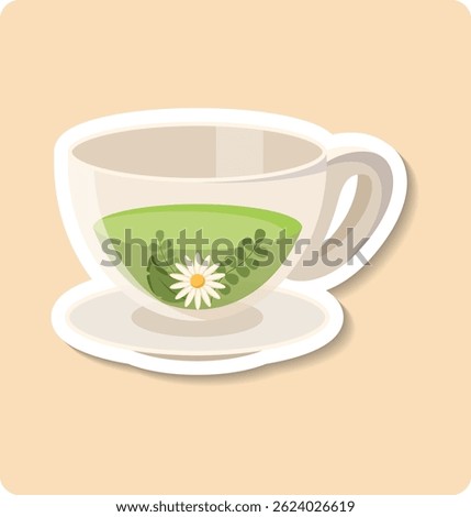 Green tea is being brewed with herbs and a flower in a clear glass cup sitting on a saucer