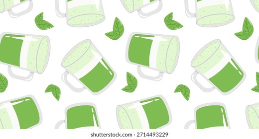 Té verde Bebida de fondo Doodle Estilo Cafeína fresca Bebida Textil Papel digital Estilo de vida saludable Japonés Taza tradicional Repetir Diseño gráfico de superficie
