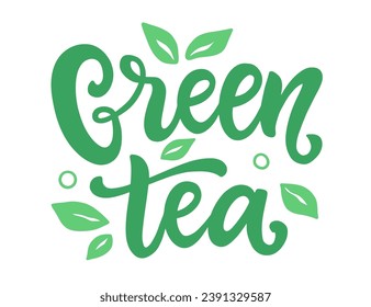 Green Tea Beverage Inscription Logo. Hand Written Lettering. Modern Calligraphy. Typography Vector Illustration. Vintage Style Retro Design
