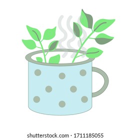 Green tea in blue cup.Vector illustration, cartoon flat style. Isolated on white background.