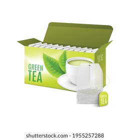 Green Tea Box And Teabag - Realistic 3D Mockup With Packaging Design